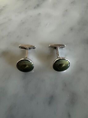 Dunhill Silver headlamp Cufflinks with Pale Green Enamel Inlay